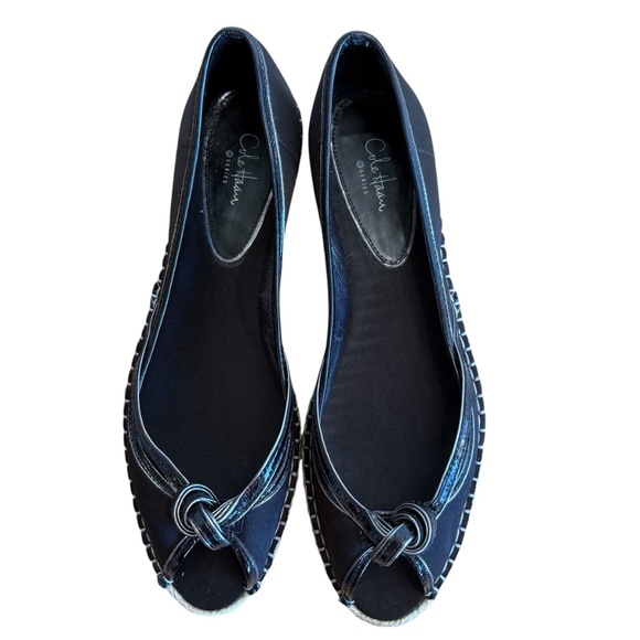 Cole Haan G Series Sabella Black Satin Peep Toe Espadrille Flats Size 11 w/ Box - Picture 8 of 15